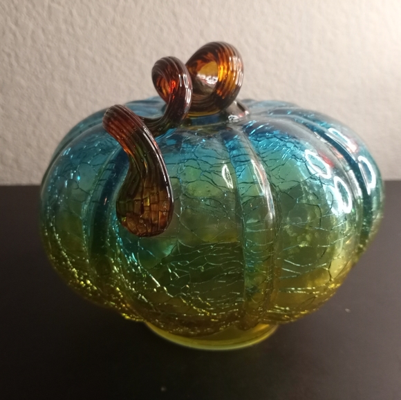 VTG Crackled Blue/Yellow 6" Glass Pumpkin likely Blenko STUNNING. - Picture 2 of 6